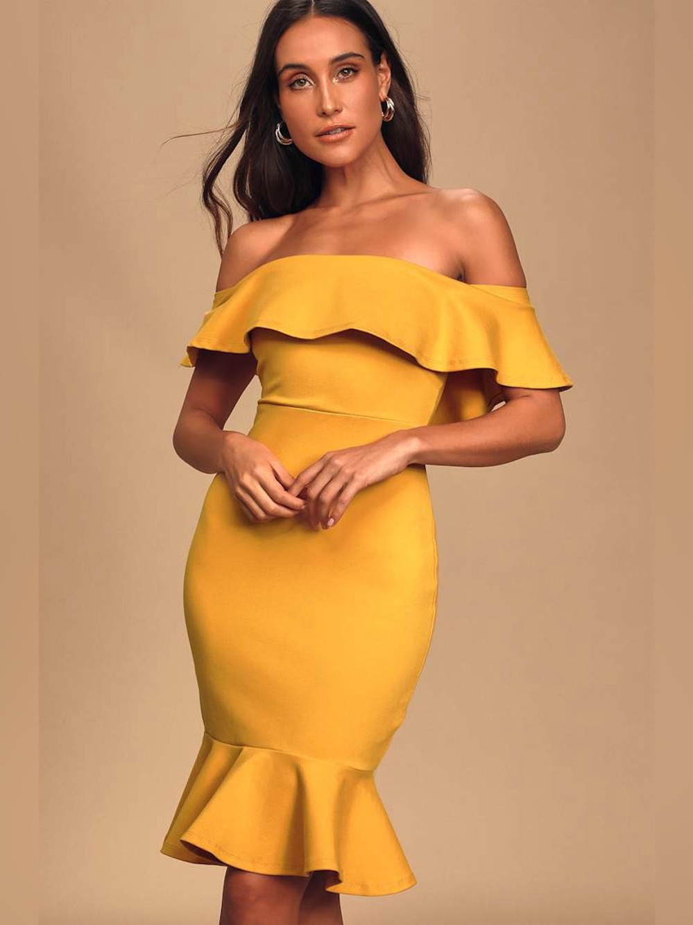 Lulu's | Confidence Boost Mustard Yellow Off-Shoulder Bodycon Midi Dress | M NWT